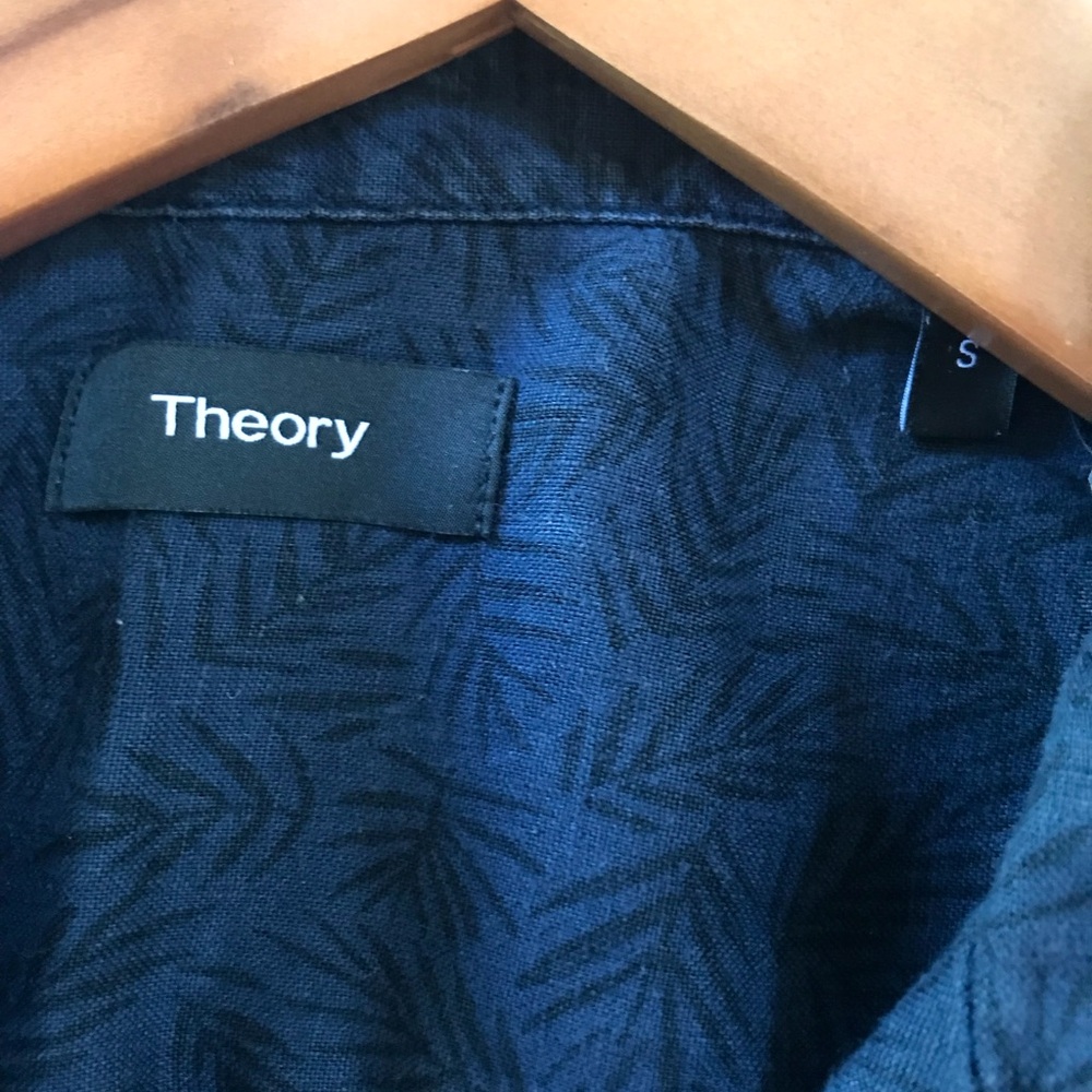 Men’s Short-Sleeved Theory Linen Daze Palm Shirt/ Blue Size S - Picture 2 of 4